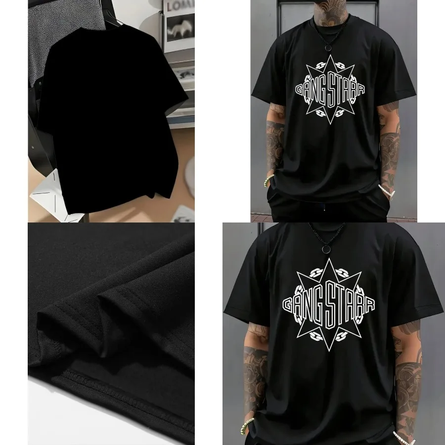 

【Хорошее качество】Мужская черная футболка больших размеров с графическим принтом GANGSTAR и звездным дизайном - модная футболка с ярким принтом и эмблемами в виде цепочек.