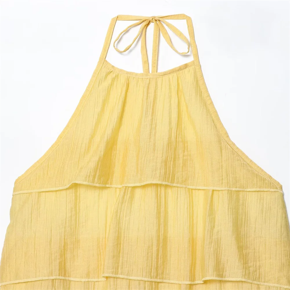 Novo vestido feminino com decoração doce e em camadas, costas nuas, gola pendurada, vestido curto