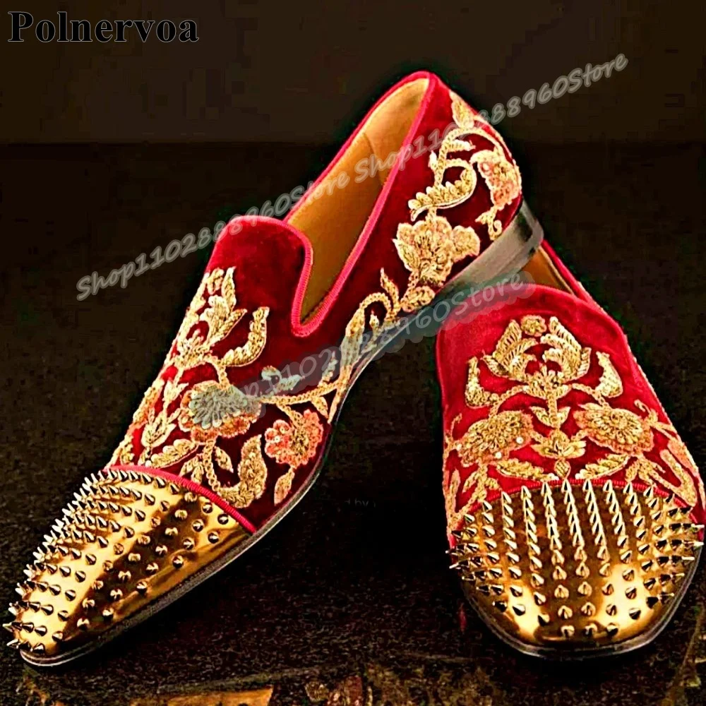 

Luxury Red Suede Embroidery Splicing Rivets Toe Men Pumps Flats Dress Shoes For Men Slip On Banquet Fashion Catwalk Men Pumps