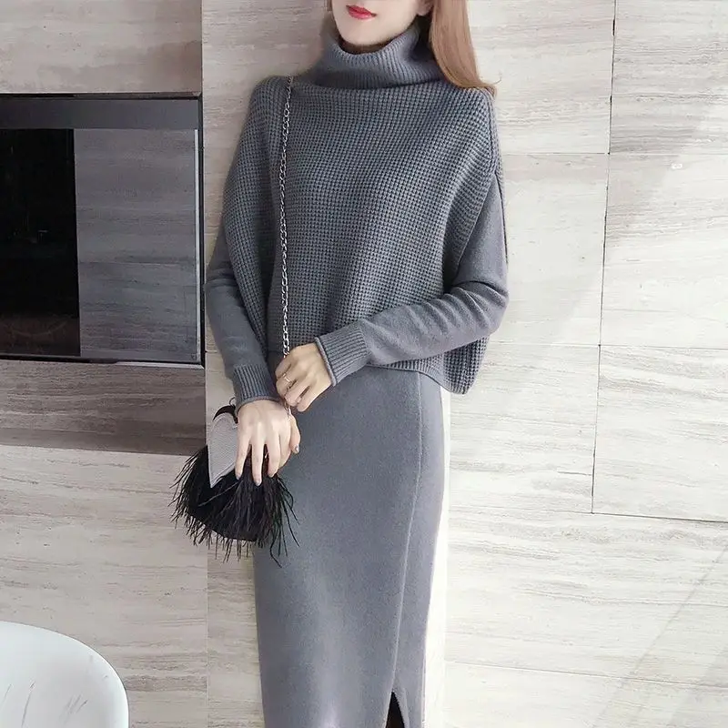 Autumn and Winter New High Neck Mid Length Woolen Dress Over the Knee Korean Version Thick Vest Skirt Two-piece Set for Women