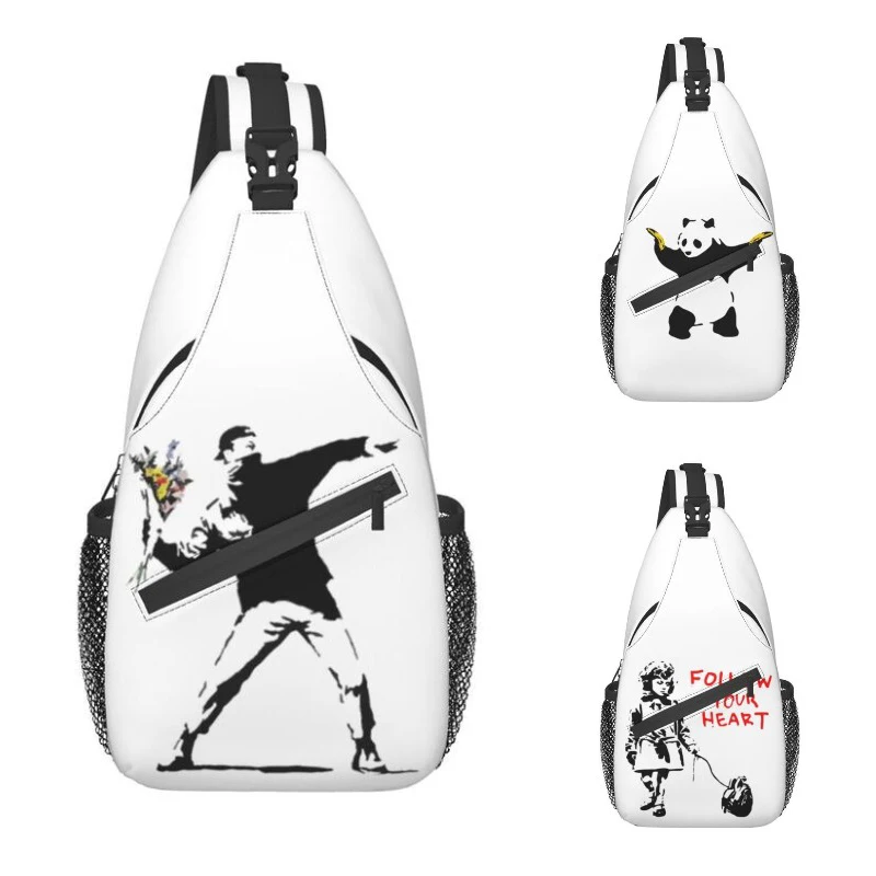 

Cool Rage Flower Bomber Stencil Sling Crossbody Backpack Men Banksy Street Grafitti Art Shoulder Chest Bags for Hiking