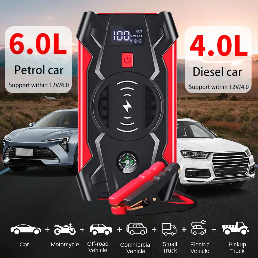 99800mAh 1200A Avviatore di emergenza per auto Booster Power Bank Caricabatteria Alimentatore per avviamento di emergenza per auto con display digitale