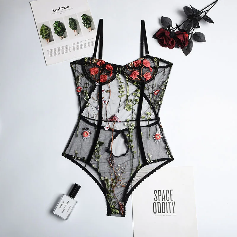 New popular bodysuits, fashionable flower embroidery, mesh patchwork, fun jumpsuit for women