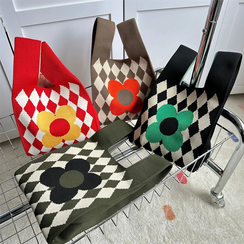 Geometric Flower Knit Handbag Women Korean Casual Plaid Wrist Bag Foldable Eco Shopping Bag Reusable Grocery Storage Tote Bag