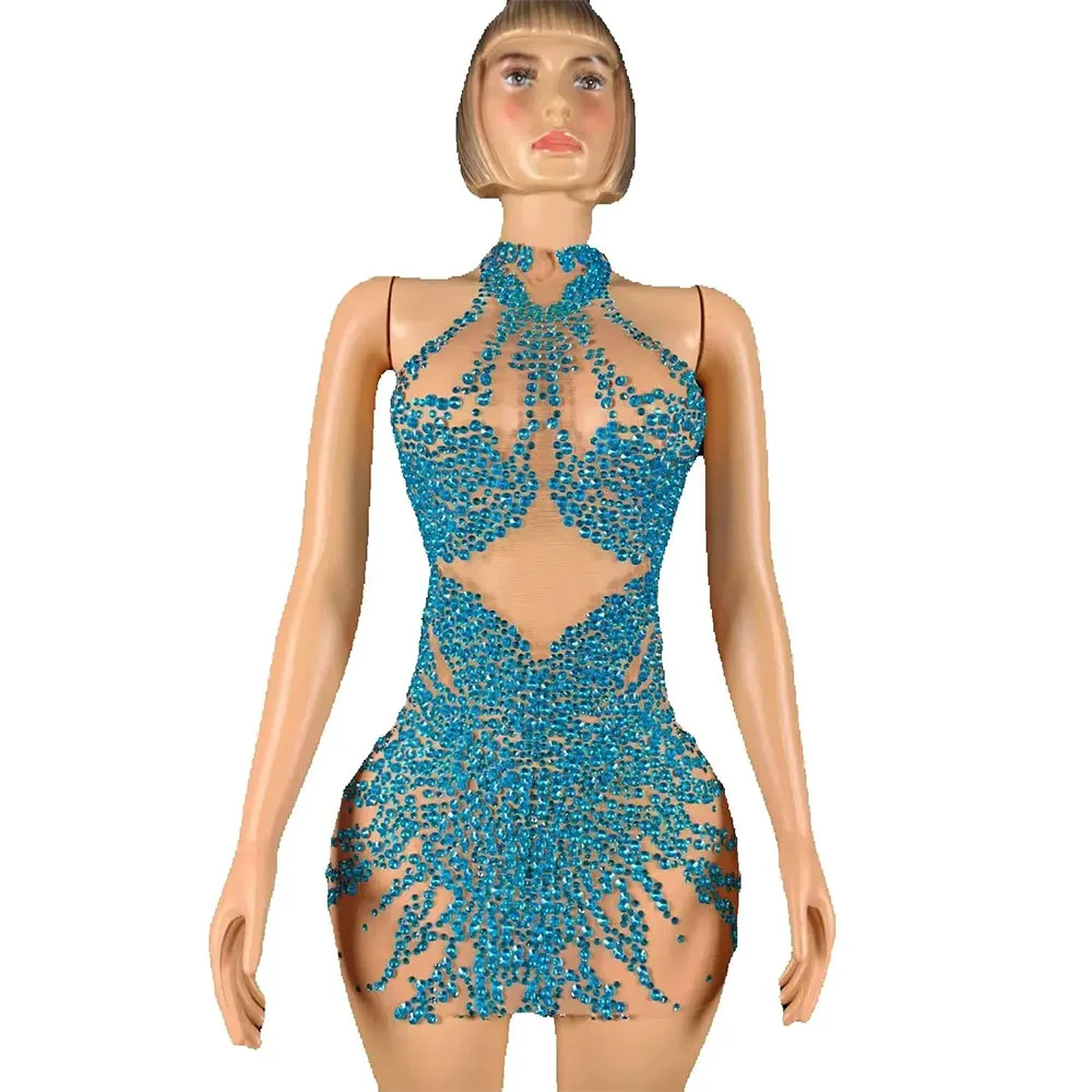 Vestido Sexy brillante con diamantes de imitación, vestido de malla transparente para fiesta de noche, fiesta, celebración de cumpleaños, cantante, bailarina, sesión de fotos, ropa de escenario