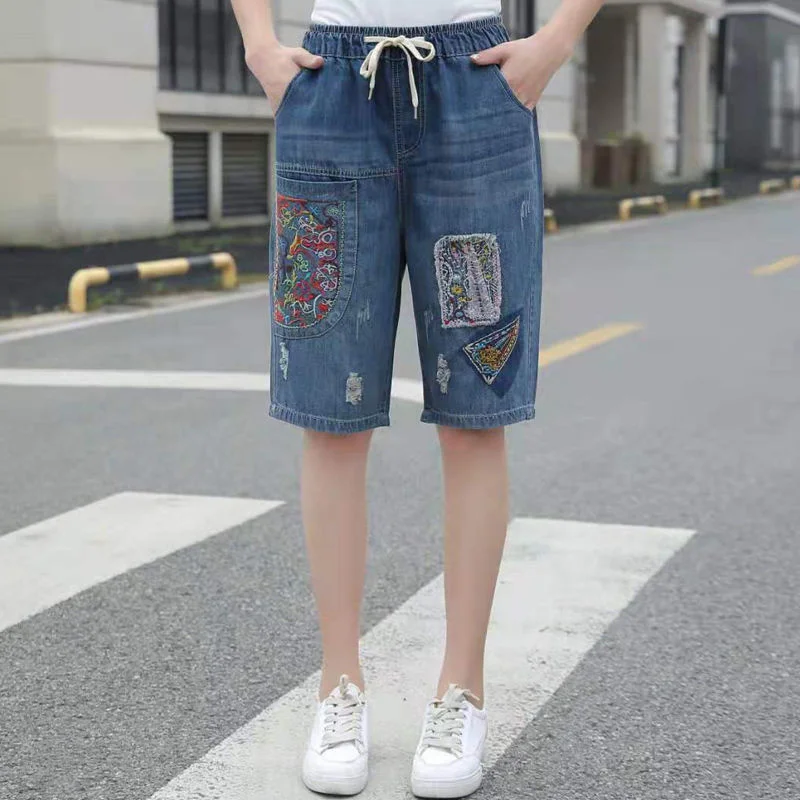 Summer Women Denim Shorts Vintage Embroidery Elastic High Waist Loose Knee Length Straight Jeans Pants 3XL