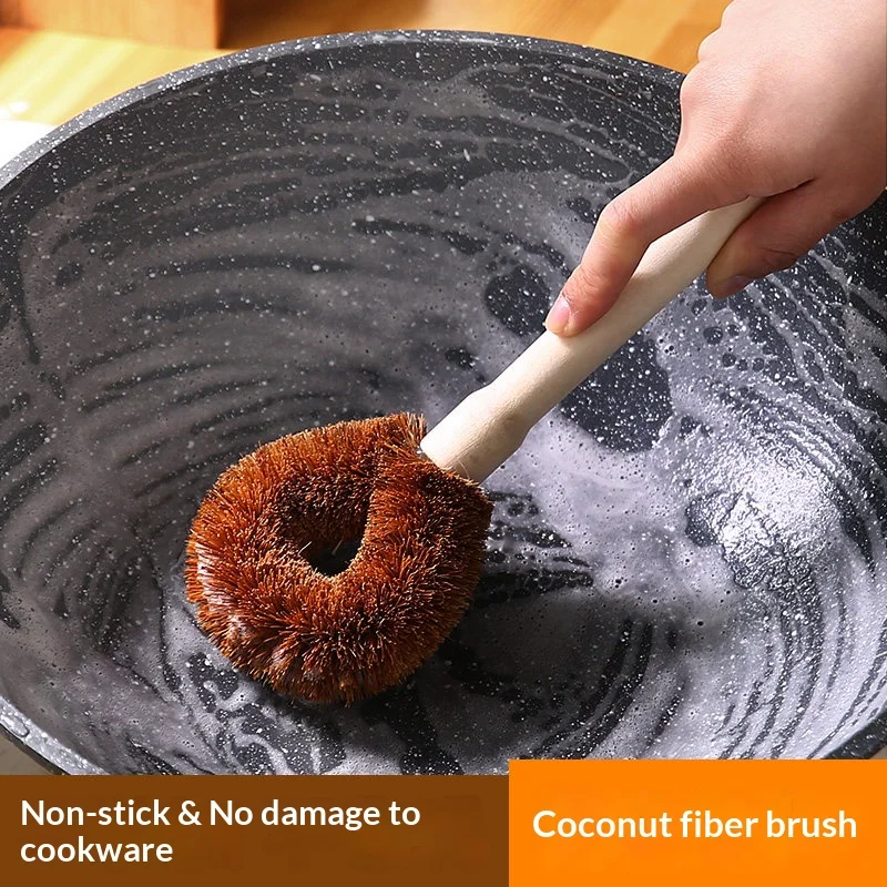 Wooden Handle Coconut Palm Pot Brush Coating Safe Grease Removing Durable Kitchen Cookware Pan Dish Washing Cleaning Scrub Tool