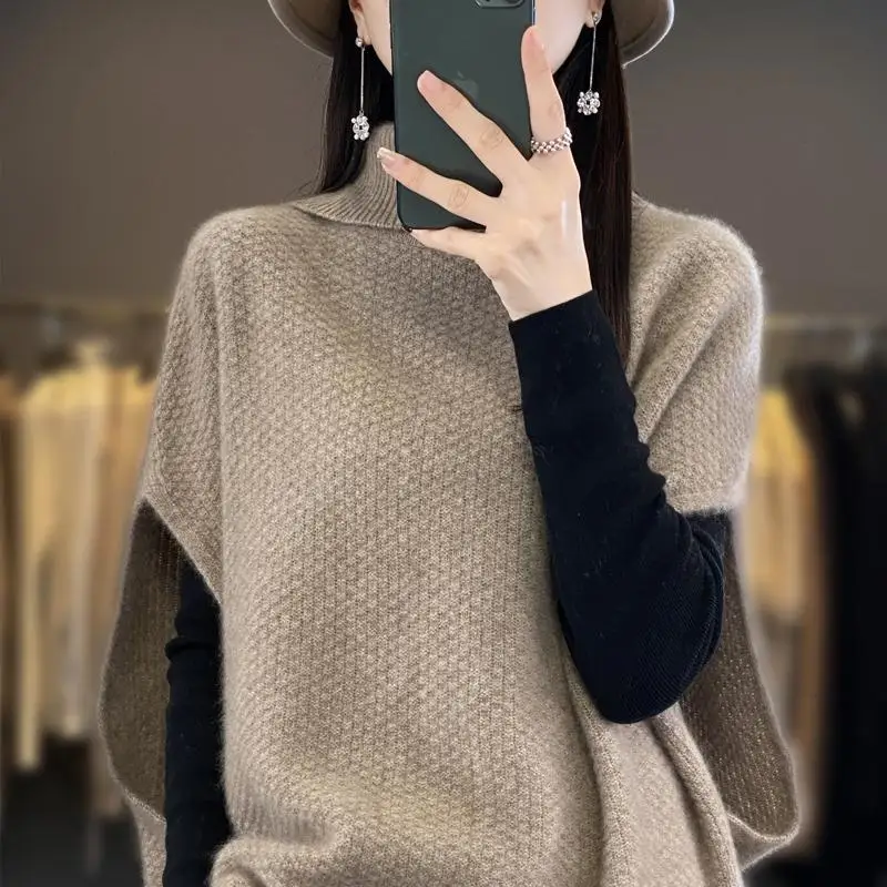 Female Clothing Korean Sweater Vest Casual Loose Batwing Sleeve Autumn Winter Turtleneck Basic Solid Color Chic Knitted Jumpers