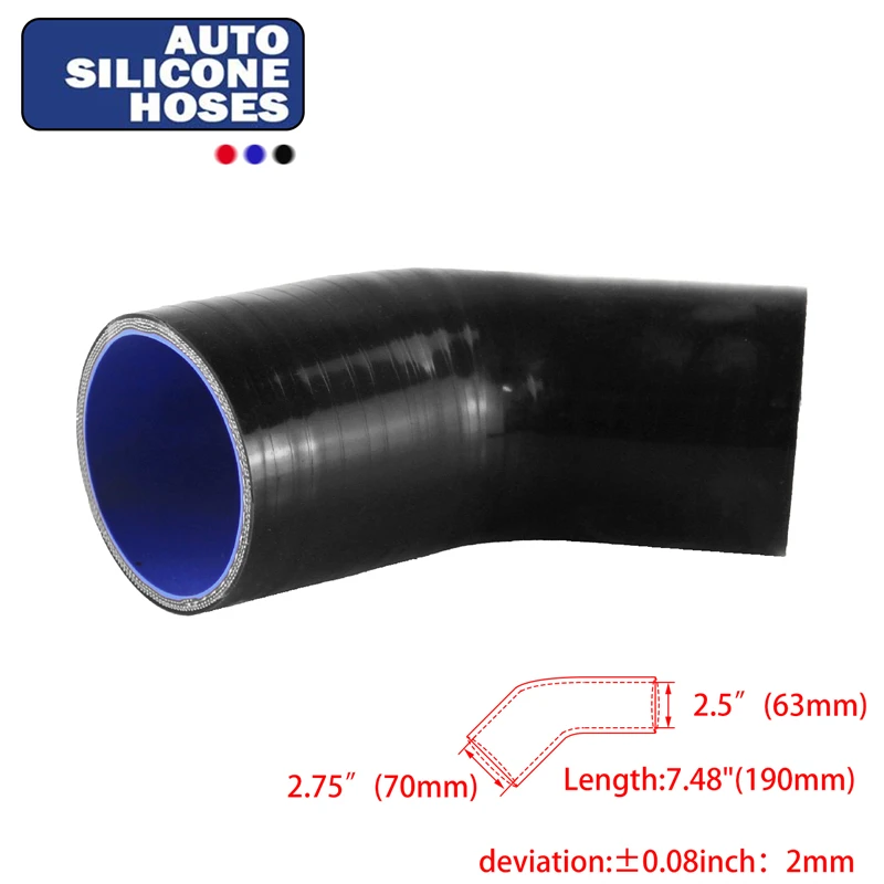 

Universal 3-Ply 45 Degree Elbow Coupler Silicone Hose ID 63mm to 70mm 2.5in to 2.75in