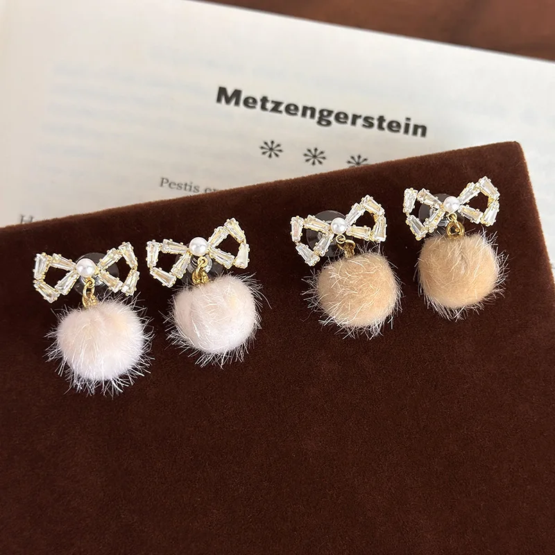 Pearl Zircon Bow Fluffy Ball Drop Earrings Premium Elegant Versatile Commute Party for Women Fall Winter