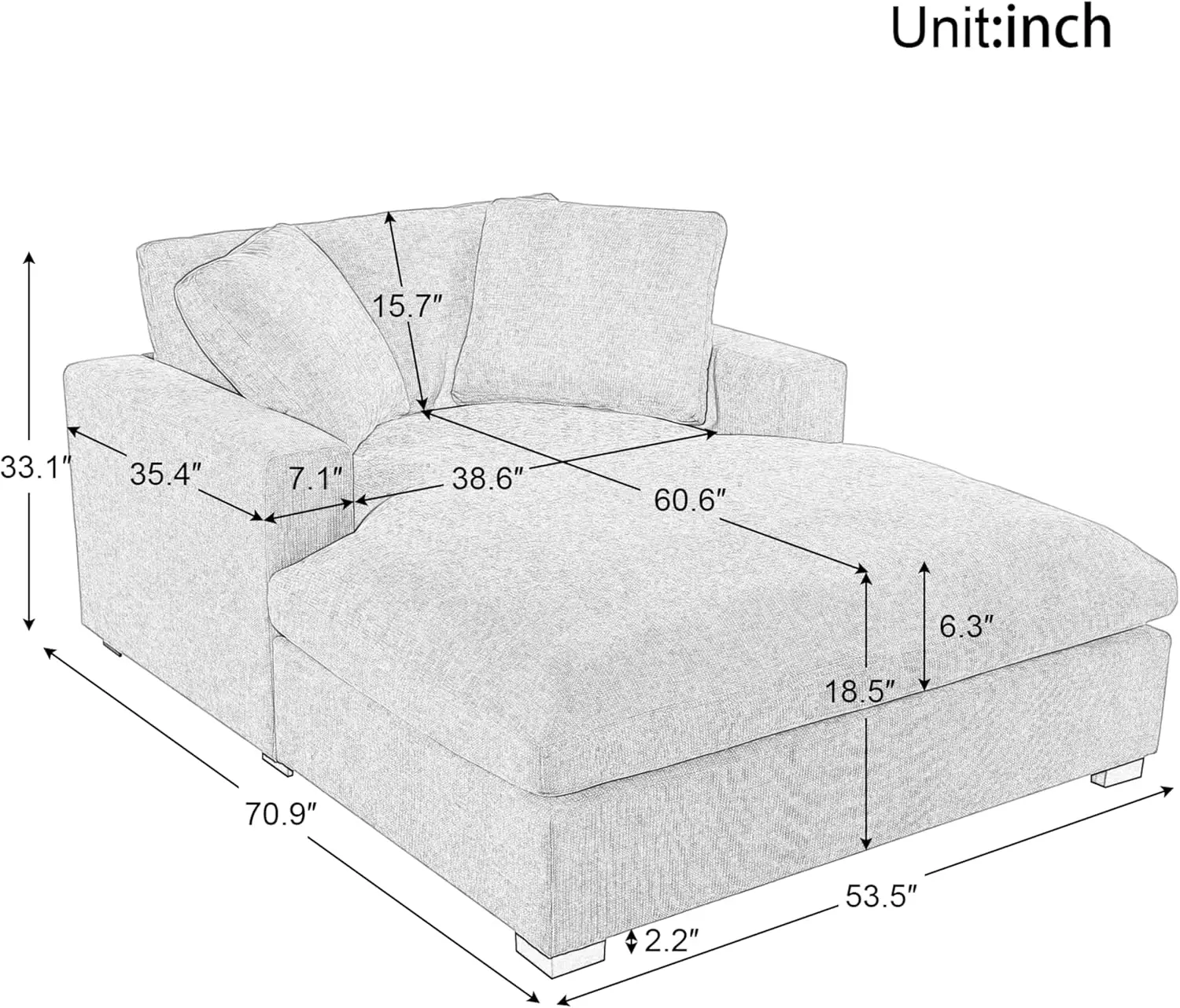 LUMISOL Oversized Chaise Lounge Chair Indoor, Corduroy Upholstered Comfy Sofa Couch with 2 Throw Pillows and Armrests, 53.5'' W