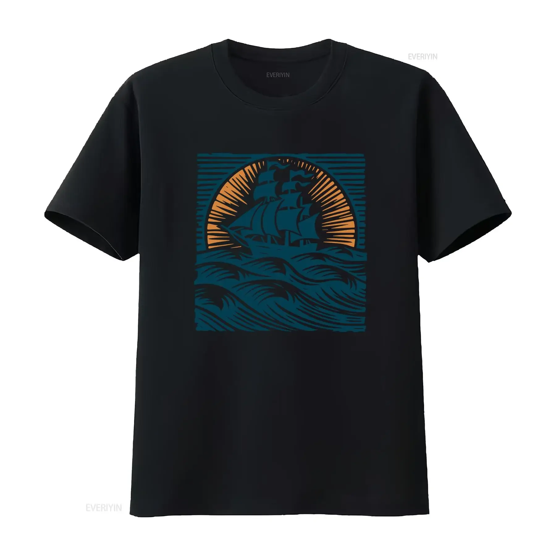Vintage Nautical Sailing Ship Sunset Ocean Wave Print Casual T Shirt vintage Washed designer clothes Stretched Unisex