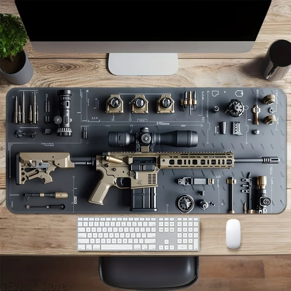 Large Size Black Gaming Mousepad with Gun - Pattern Office Computer Anti-Slip Desk Mat Integrated