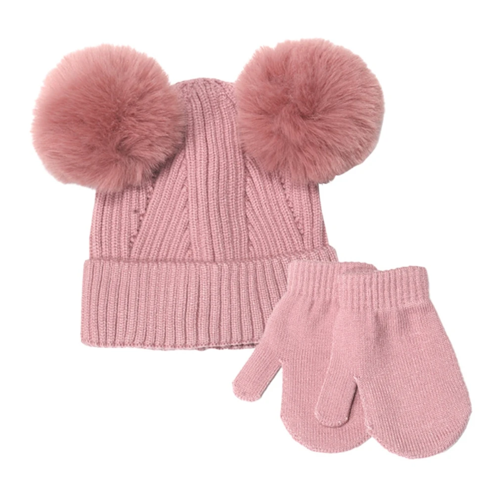 2 pezzi cappelli in cotone caldo per bambini con Pom bambini in tinta unita berretto in maglia guanti per bambini berretto per ragazzi e ragazze