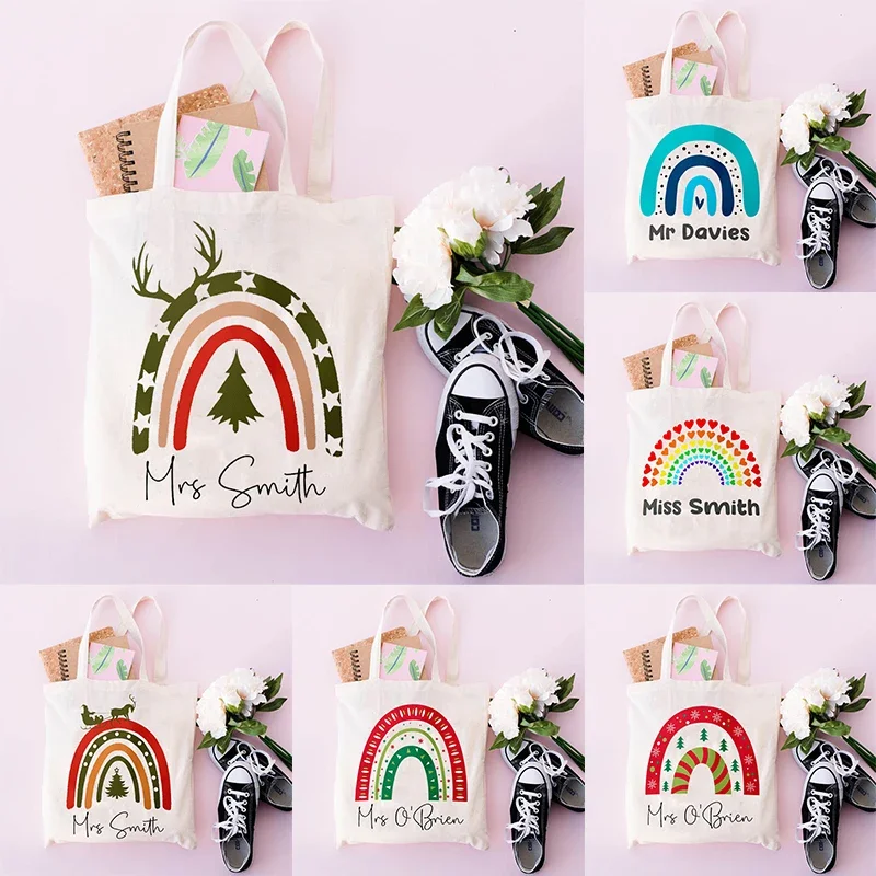 

Eco Harajuku Aesthetic School Bags Teacher Gift Personalised Rainbow Teacher Shoulder Bag Custom Name Women Canvas Shopping Bag