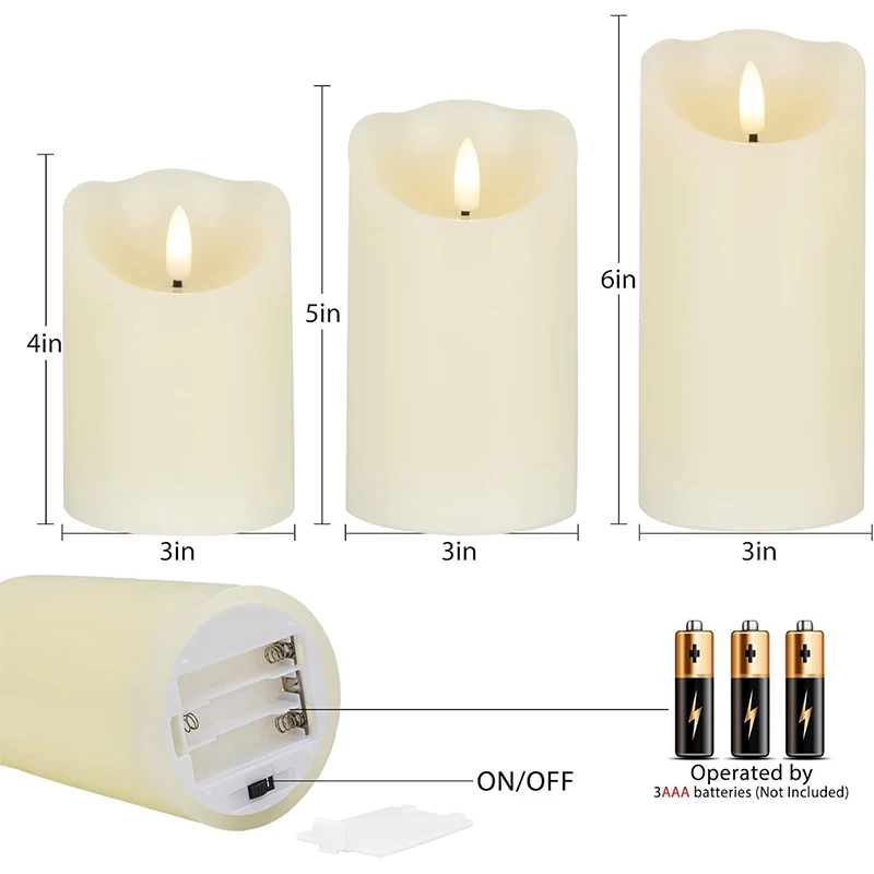 Flameless Candles 4inch 5inch 6inch Set of 3 Ivory Outdoor Indoor Pillars 3inch Diameter Battery Operated Flickering Candles