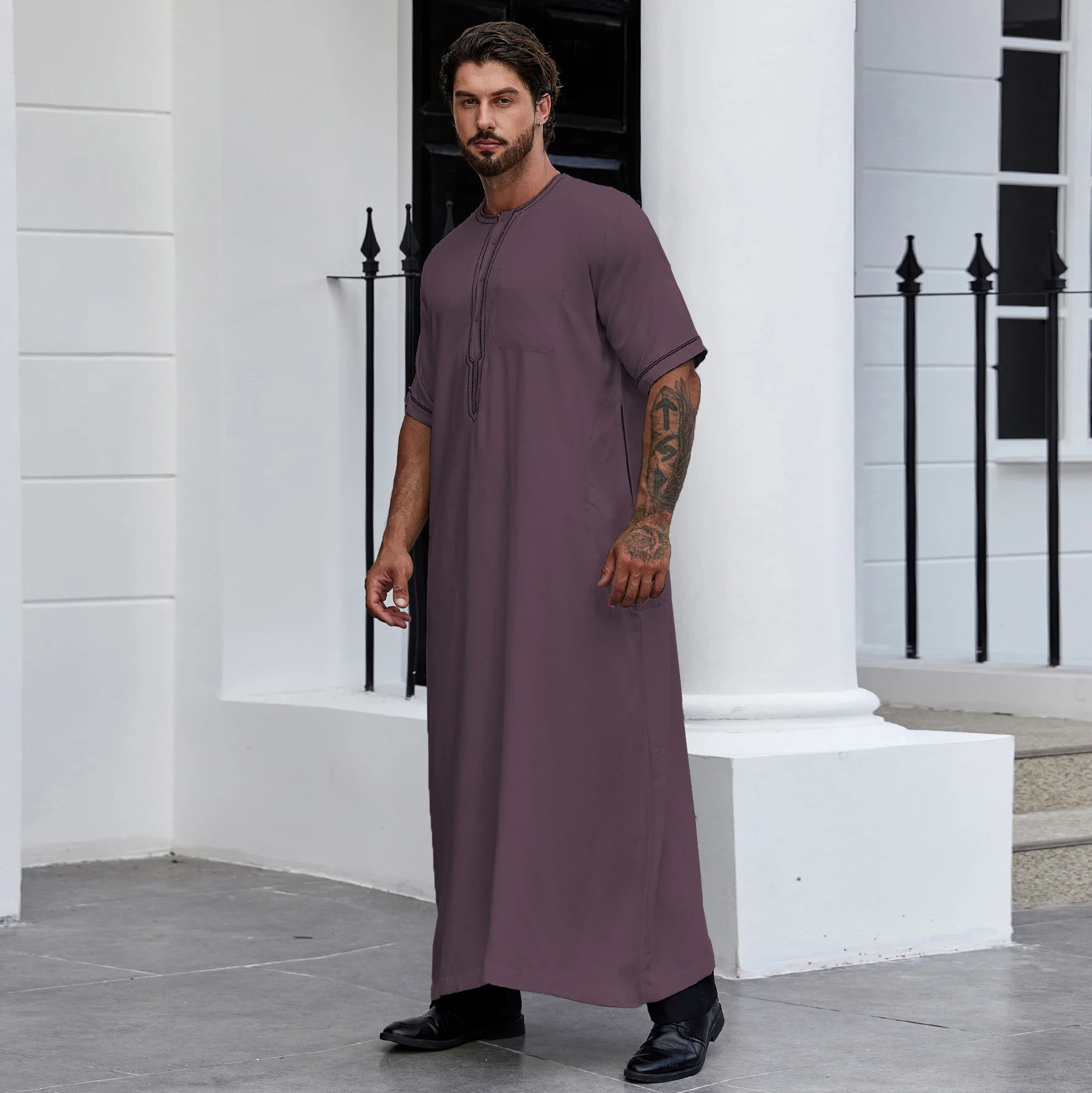 Baju Muslim lengan panjang pria, jubah Thobe untuk pria, Gaun panjang Arab Kaftan Abaya dengan saku, Kemeja Henley lengan panjang Ramadan