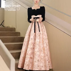 Customized Square Collar Long Sleeve Wedding Party Vestidos Slim Waist Lace-up Design Prom Dresses Patchwork Temperament Evening