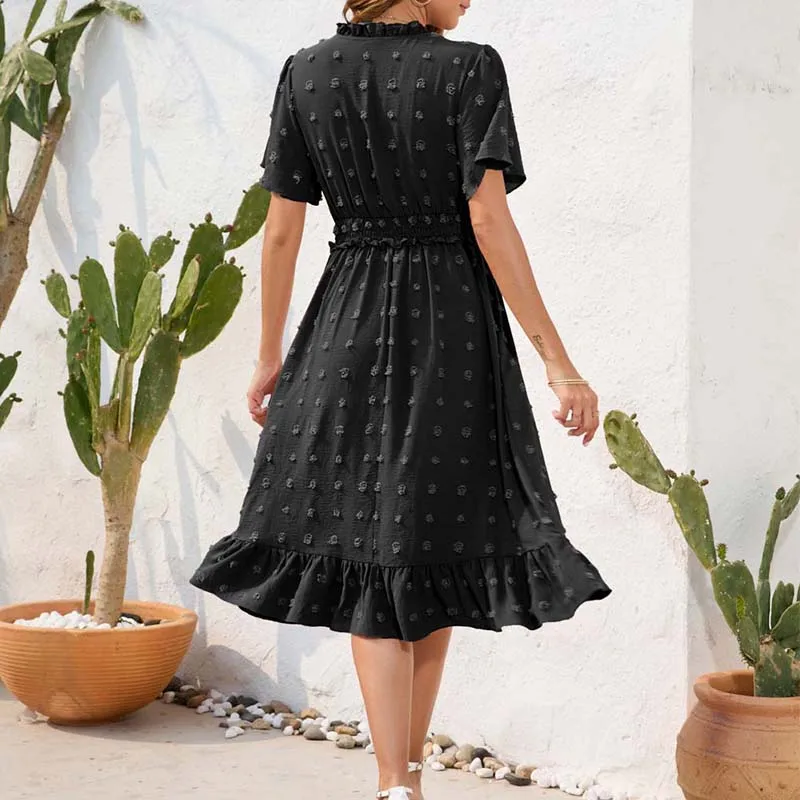 Casual solto feminino verão manga curta vestido longo elegante plissado praia vestido de verão sexy dot em camadas sólido decote em v maxi vestidos