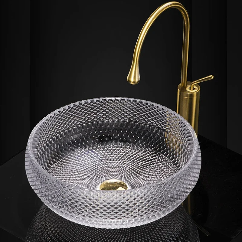 40CM Bathroom Sink Tempered Glass Washbasin Transparent Royal Blue Countertop Art Wash Basin Luxury Round Vessel Sink