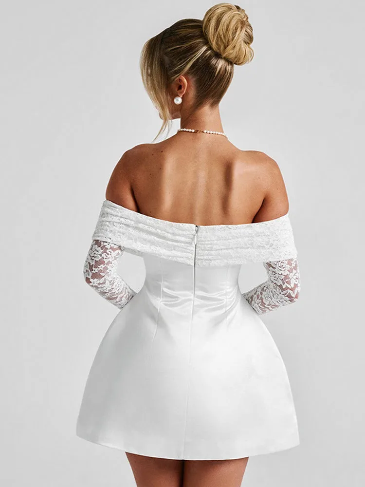 Spitze Patchwork Sexy Off Schulter Mini Kleid Frauen Herbst Winter Langarm Elegante A-Line Backless Schlank Vestido Party Kleid