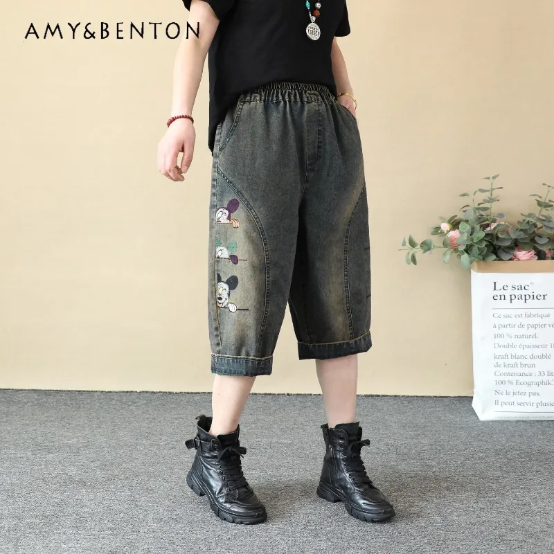 

2026 Summer New Retro Cartoon Anime Embroider Denim Six-point Pants Women's Thin Style Loose Straight-leg Curled Cropped Jeans