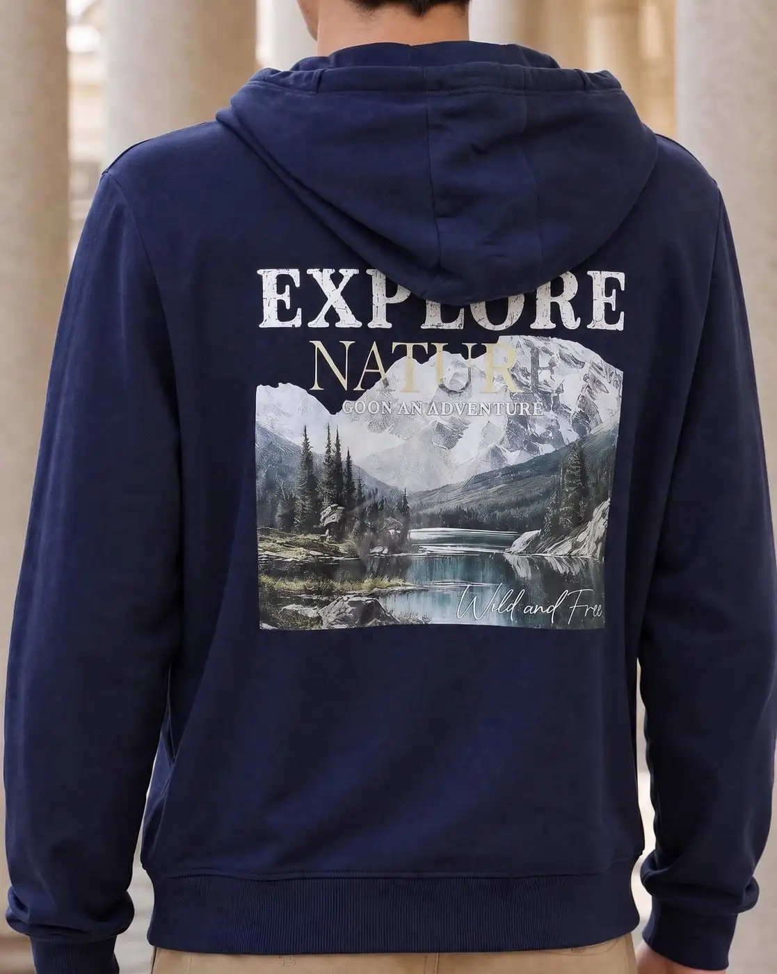 Men Back Print Hoodie Explore Nature Mountain Lake Landscape Graphic Pullover Hooded Sweatshirt Outdoor Casual Tops