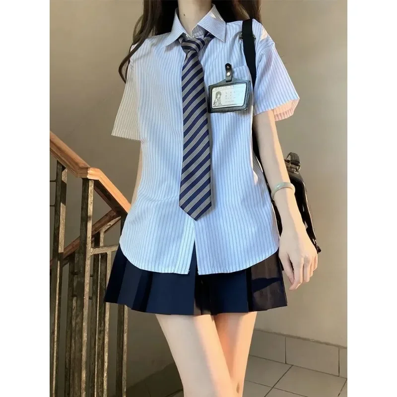 Japanese Style Striped Short Sleeved Jk Uniform Tie Women 2023 Summer Korean Chic Sailor Uniform Shirt Skirt School Clothes