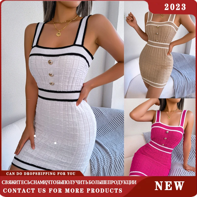 Suspender Skirt 2023 New Spring/Summer European and American Casual Square Neck Button Colored Waist Knitted Wrap Hip Skirt