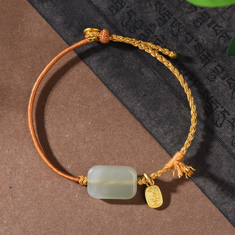 Traditional Chinese Style Jade Worry Free Peace Tag Bracelet Five Elements Adjustable Handwoven Rope Lucky Blessing Fortu