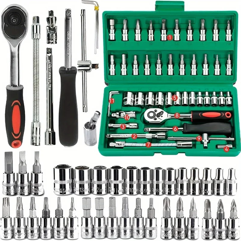 Conjunto de Chaves de Catraca de 1/4 de Polegada com 46 Peças, Kit de Soquetes Hexagonais Métricos, Ferramentas Mecânicas Domésticas para Reparo Automotivo