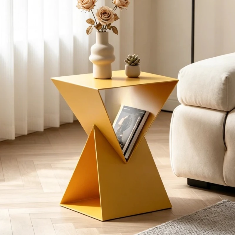 Modern minimalist style geometric triangular edges, living room sofa corner, advanced shelves, modern minimalist small table