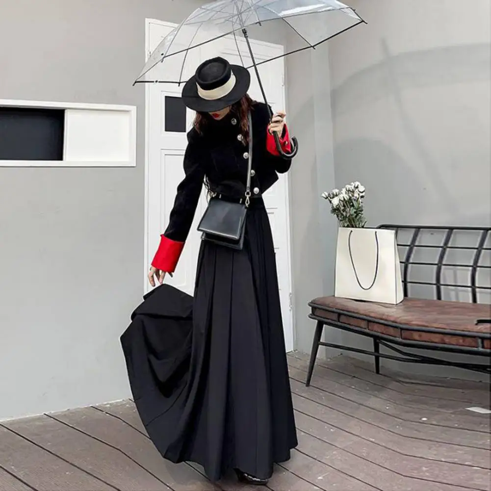 

High-waist Long Skirt Elegant A-line Pleated Skirt High-waisted Elastic Waistband Hem Pockets Summer Streetwear for Women High