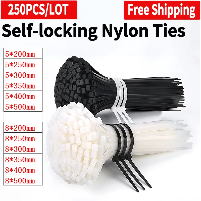 

Self-locking Plastic Nylon Tie 250 PCS Black/White Cable tie Fastening Loop Zip Wraps Strap Garden Industrial Assorted Twine Tie