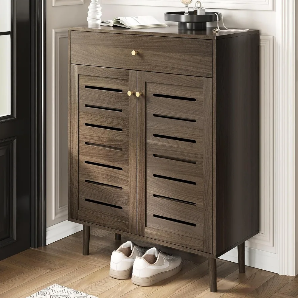 

31" Wide Shoe Cabinet with Drawer and Adjustable Shelves, Modern Transitional Walnut Entryway Organizer with Louvered Doors, Sto