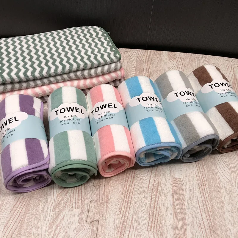 Coral Velvet Adult Absorbent Towel Wide Stripe Thickened Absorbent Bath Towel Micro Fiber Washcloth 35x75cm