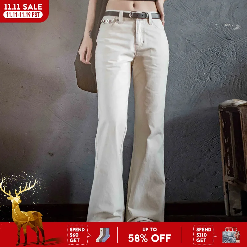 Maden Damen-Freizeithose, mittelhohe, vielseitige beige Hose, 100 % Baumwolle, schmale Passform, Schlaghose, Herbst