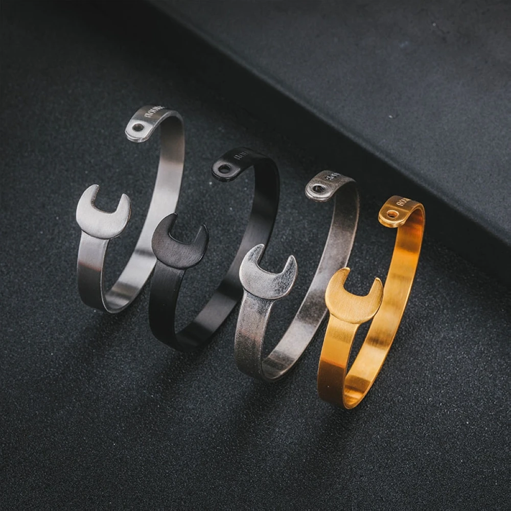 8.5mm Width Stainless Steel Wrench Spanner Open Bangle Plated Gold Silver Black Men Women Fashion Wrist Bracelet Free Shipping