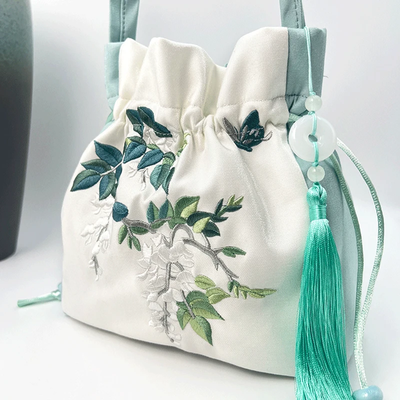 Chinese Style Retro Flower Embroidery Crossbody Top-handle Bags Women Shoulder Lace Drawstring Bucket Bag Coin Purses Handbags