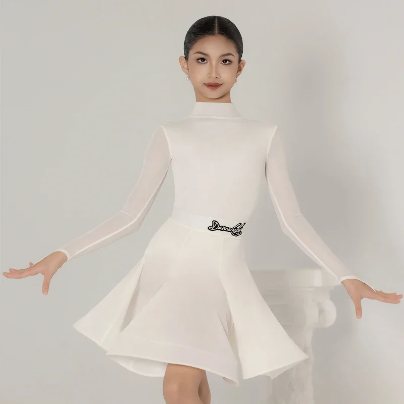 

White Latin Dance Clothes Girls Kids Long Sleeves Cha Cha Rumba Samba Dance Practice Competition Dress Velvet Dance Dress