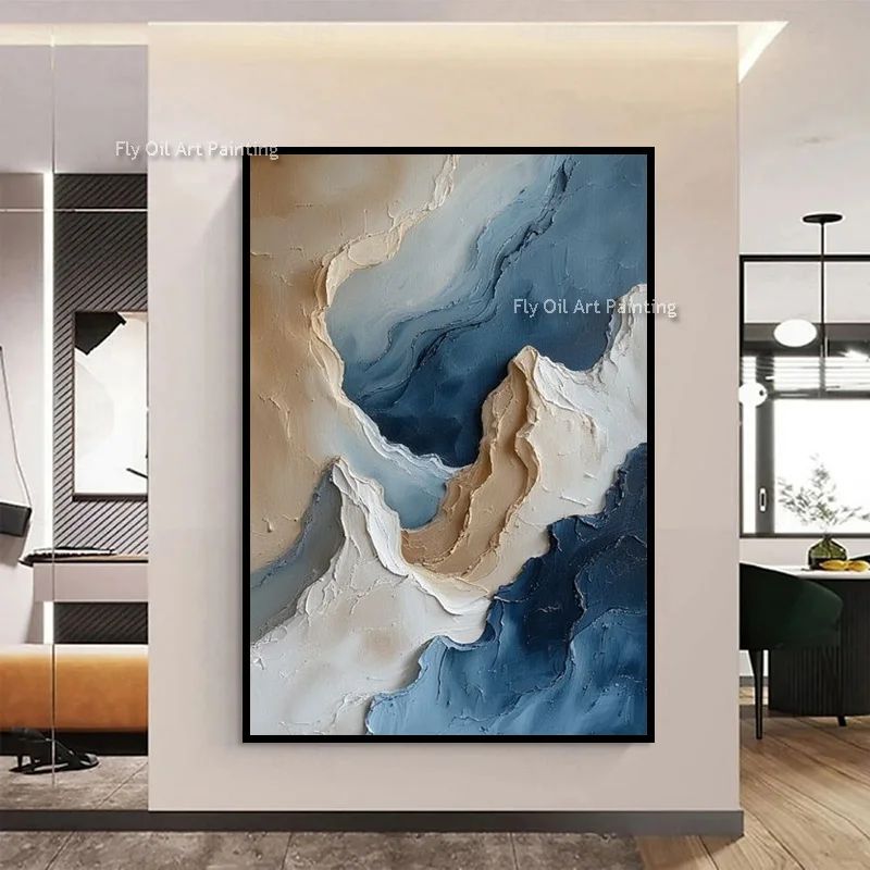 Hand Painted Impasto Blue Beige Wave Oil Painting, Thick Relief Textured Canvas Wall Art, Modern Entryway Wall Decor