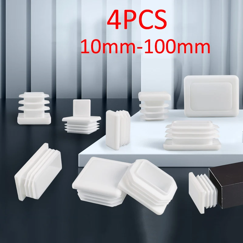 4pcs 10mm-100mm Square white Plastic Pipe Tubing Inner Plugs Tube Foot Pads Table Chair Furniture Feet Floor Non-Slip Protectors