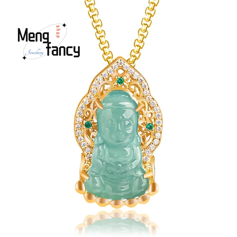 

Natural A-goods Jadeite Blue Water Baby Buddha Copper Gold-plated Inlaid Icy Jade Pendant Exquisite Cute Luxury Fashion Jewelry