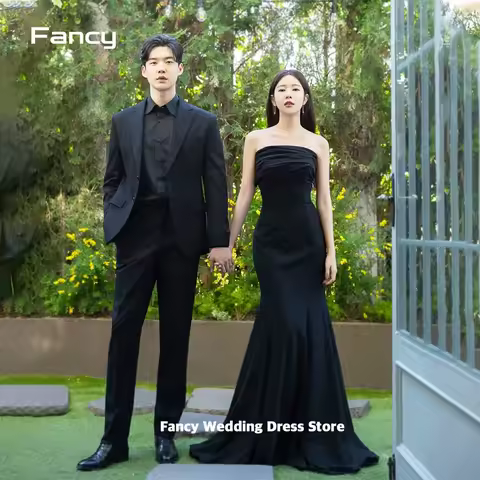Fancy Simple Black Mermaid Korea Wedding Dress Photo Shoot Strapless Elastic Satin Bridal Gown Pleats Evening Dress customized