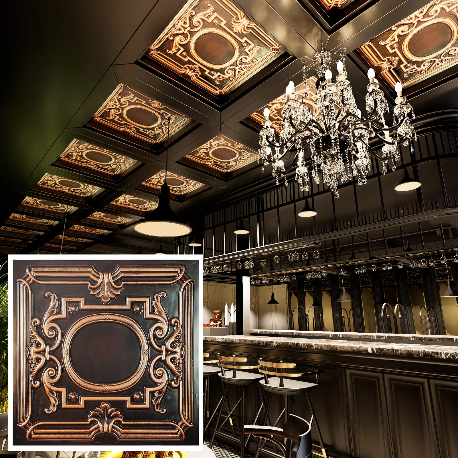 Tin Ceiling Tiles Peel and Stick Easy to Install PVC Panels Rustic Accent Wall Décor for Cafe Club 10pcs PL15 Traditional copper