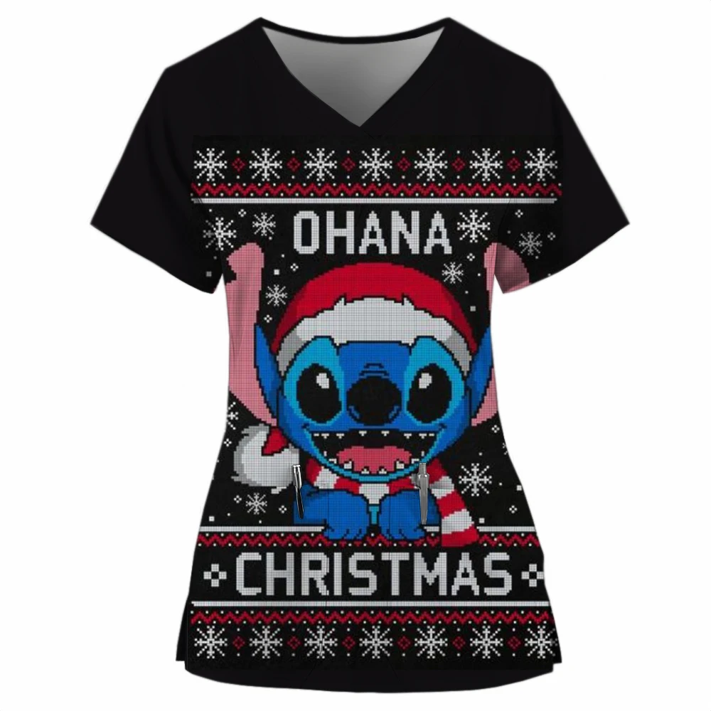 Disney Stitch print Nurse Scrubs Tops Christmas Unisex Medical Uniform Cartoon Nurse Scrubs T-shirts Dentist Beauty Spa Workwear