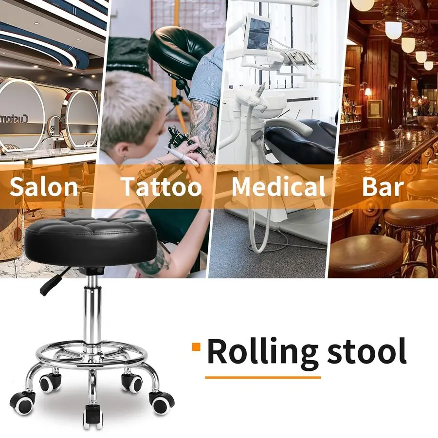 เก้าอี้สตูลหนัง PU ทรงกลม เบาะนั่งบุนุ่มพิเศษ พร้อมล้อเลื่อนและที่วางเท้า รับน้ำหนักได้ 300 ปอนด์ ปรับความสูงได้