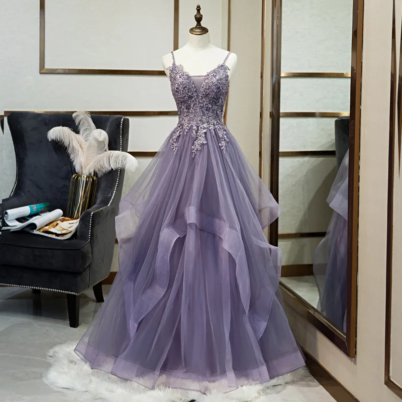 Elegant Club Banquet Purple Strap Dress Vocal Art Exam Senxi Colorful Silk Fairy Air Silk Dress Hosting Evening Dress