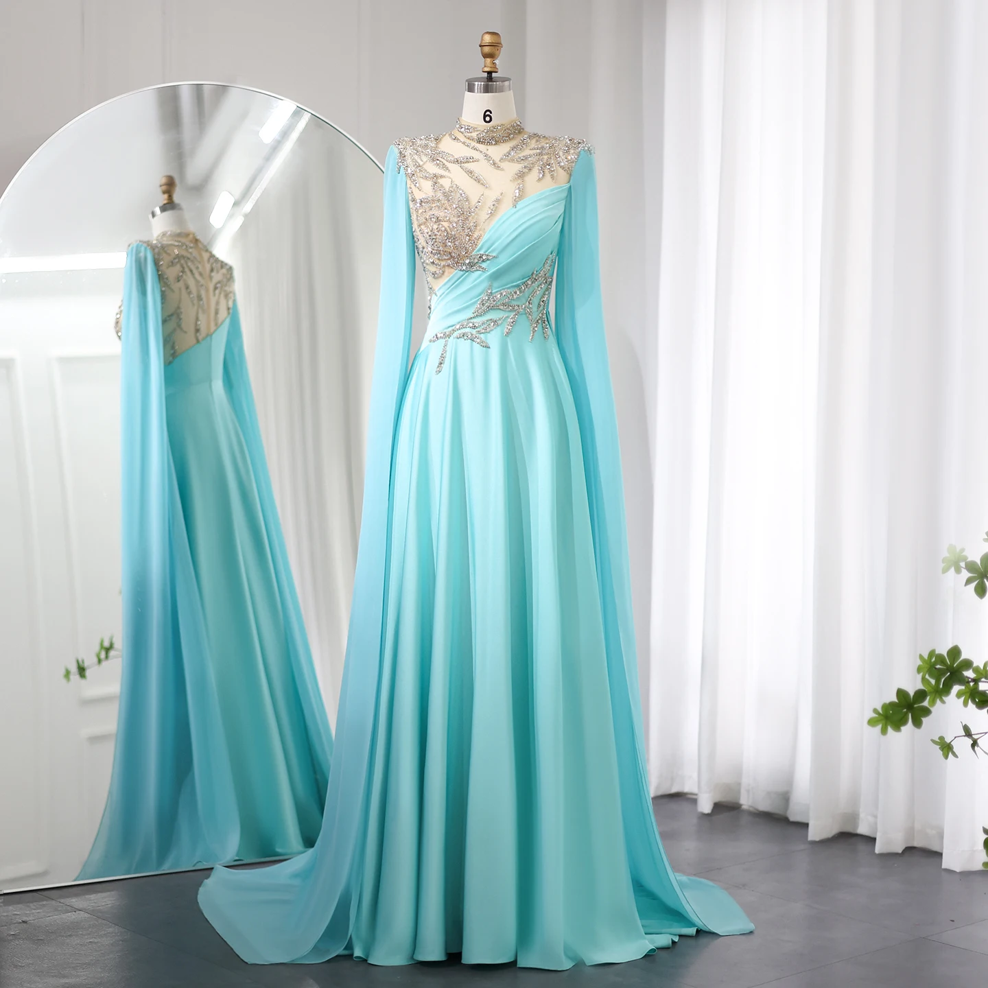 

Sharon Said Luxury Crystal Turquoise Blue Evening Dresses with Cap Sleeves High Neck Women Wedding Party Dress SF291 Customized