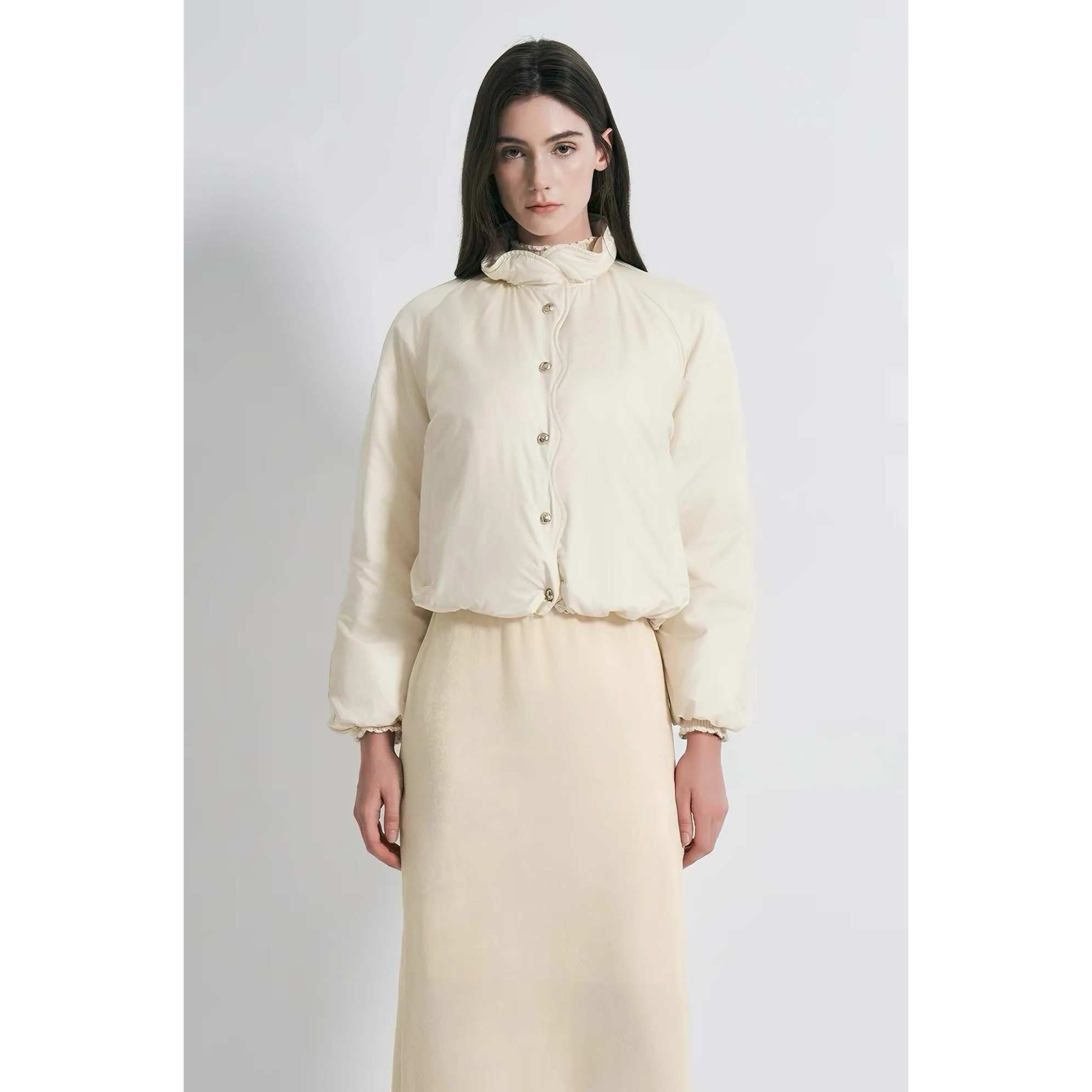 Casual Style Short Goose down Jacket Obz26 Autumn Drawstring Stand Collar Lemon Cheese Wave  Versatile Slimming Women's Coat